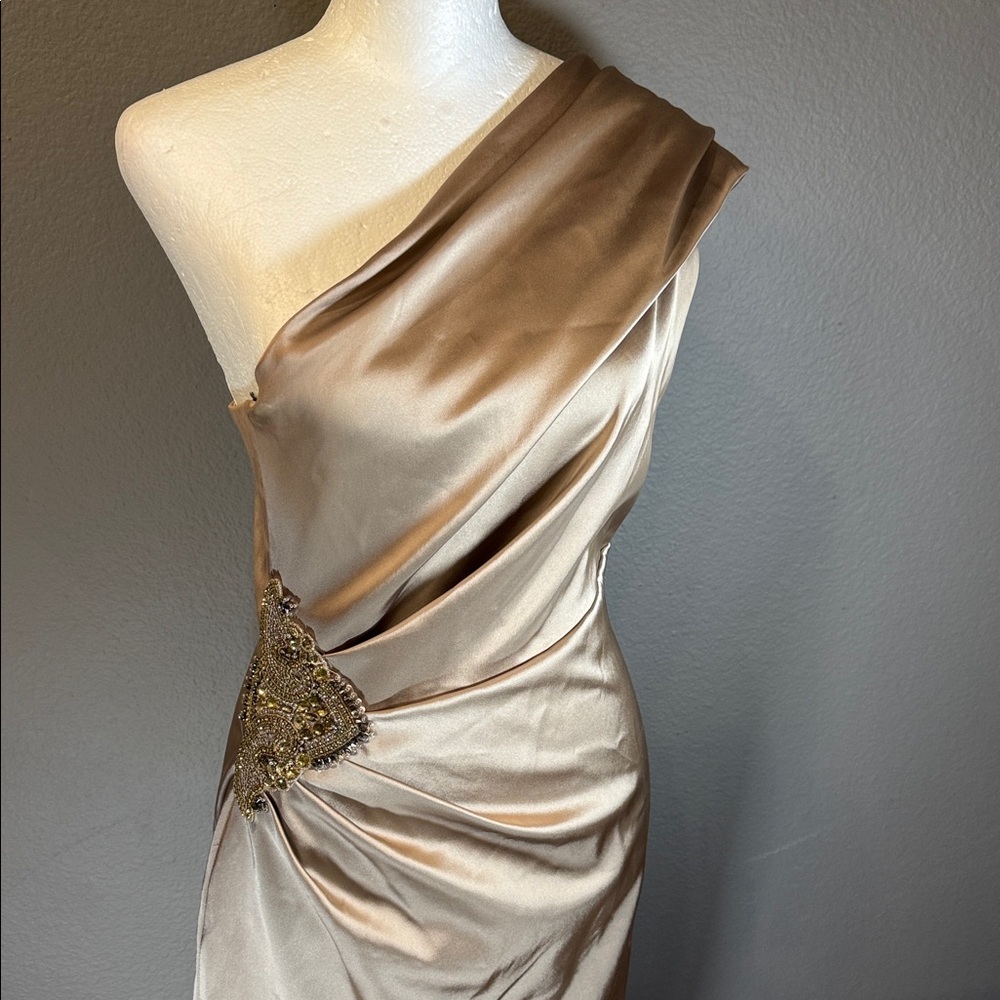 David Meister One-Shoulder  Gold Champagne Cocktail Dress with Embellishment